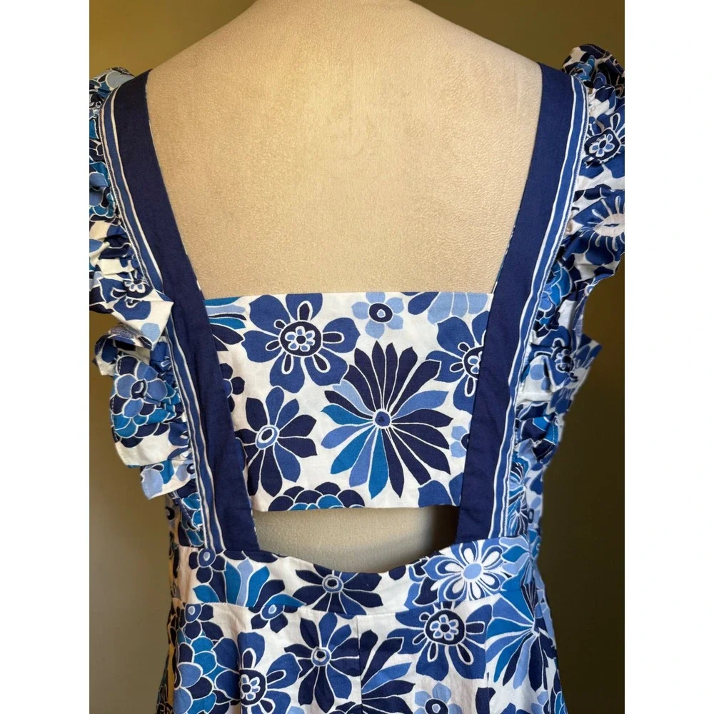 Tahari ASL BlueWhite Floral Ruffle  Cutout Fit Flare Dress 12 boho whimsi dainty - Picture 7 of 9